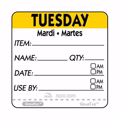Picture of 50mm (2") Trilingual Item-Date-Use By DuraPeel Labels - Tuesday