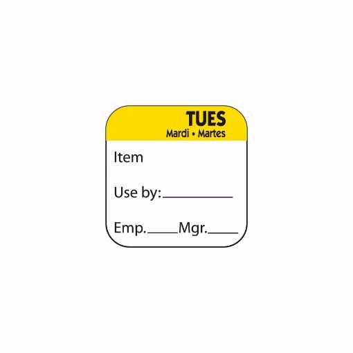 Picture of 25mm (1") Trilingual Dissolving Use By Labels - Tuesday