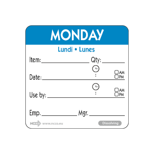 Picture of 50mm (2") Trilingual Item-Date-Use By Dissolving Labels - Monday