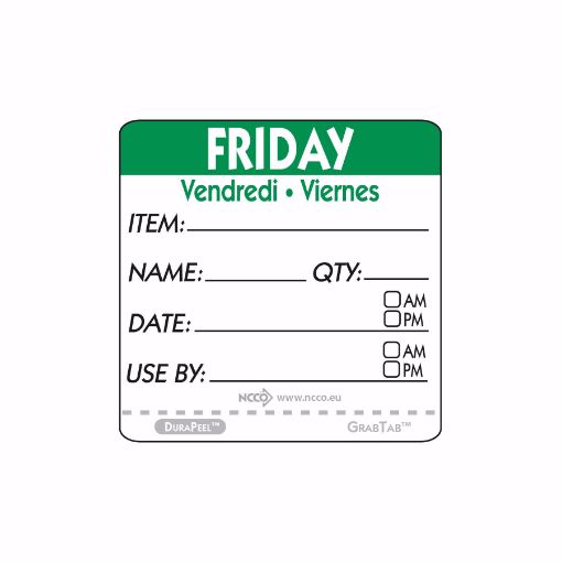 Picture of 50mm (2") Trilingual Item-Date-Use By DuraPeel Labels - Friday