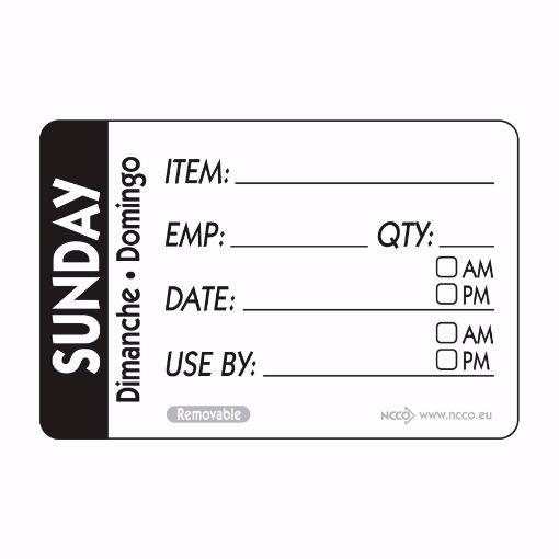Picture of 50mm (2") Trilingual Item-Date-Use By Removable Label - Sunday