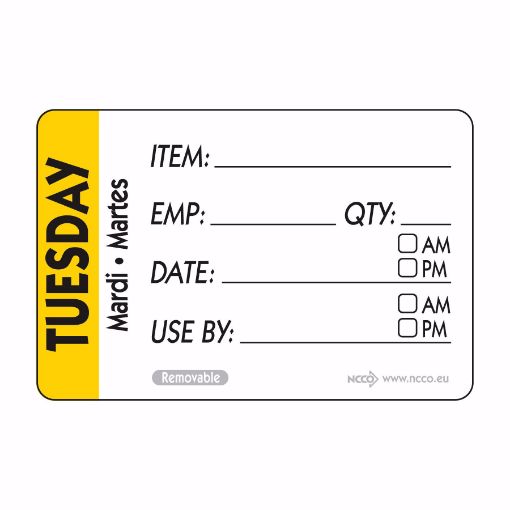 Picture of 50mm (2") Trilingual Item-Date-Use By Removable Label - Tuesday